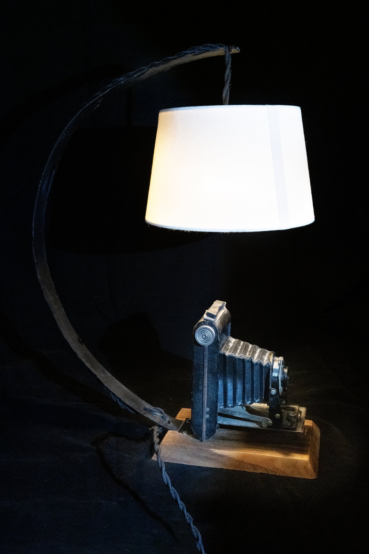 Lampada da Tavolo Artigianale Linea "Scorpion" in Fotocamera Kodak Six-20 Folding Brownie, Kodette II (1948-1954) | Design Scultoreo Upcycled | Pezzo Unico